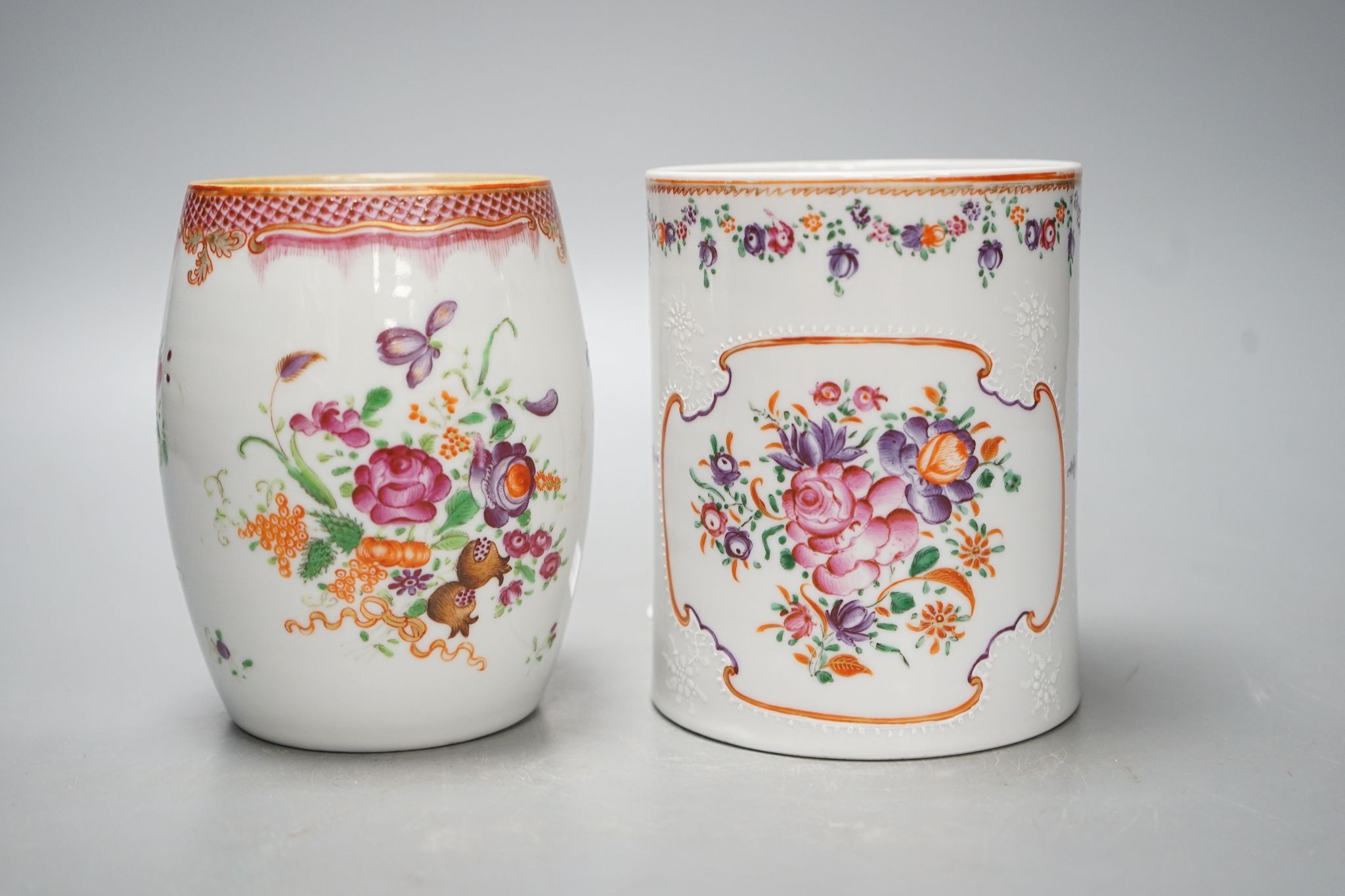 Two 18th century Chinese export famille rose mugs, 13cm